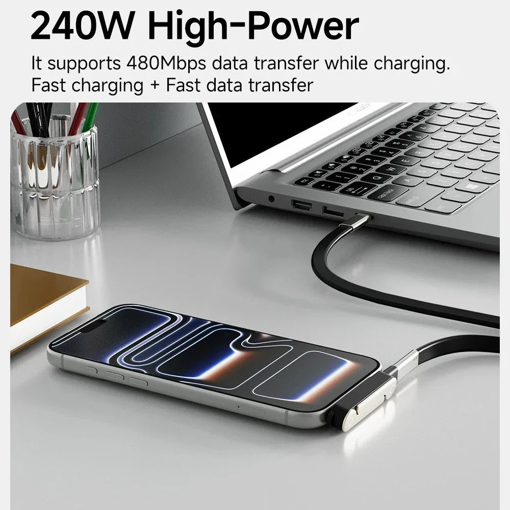 Cable de Carga Plano USB Tipo C con Soporte Plegable Invisible para Teléfono, Cable de Carga Rápida de 240W con Soporte Integrado