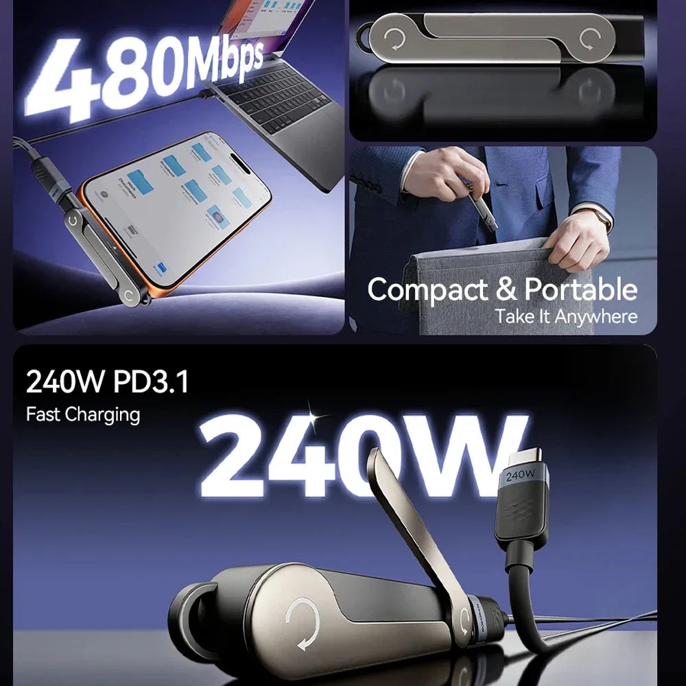 Cable de Carga Plano USB Tipo C con Soporte Plegable Invisible para Teléfono, Cable de Carga Rápida de 240W con Soporte Integrado
