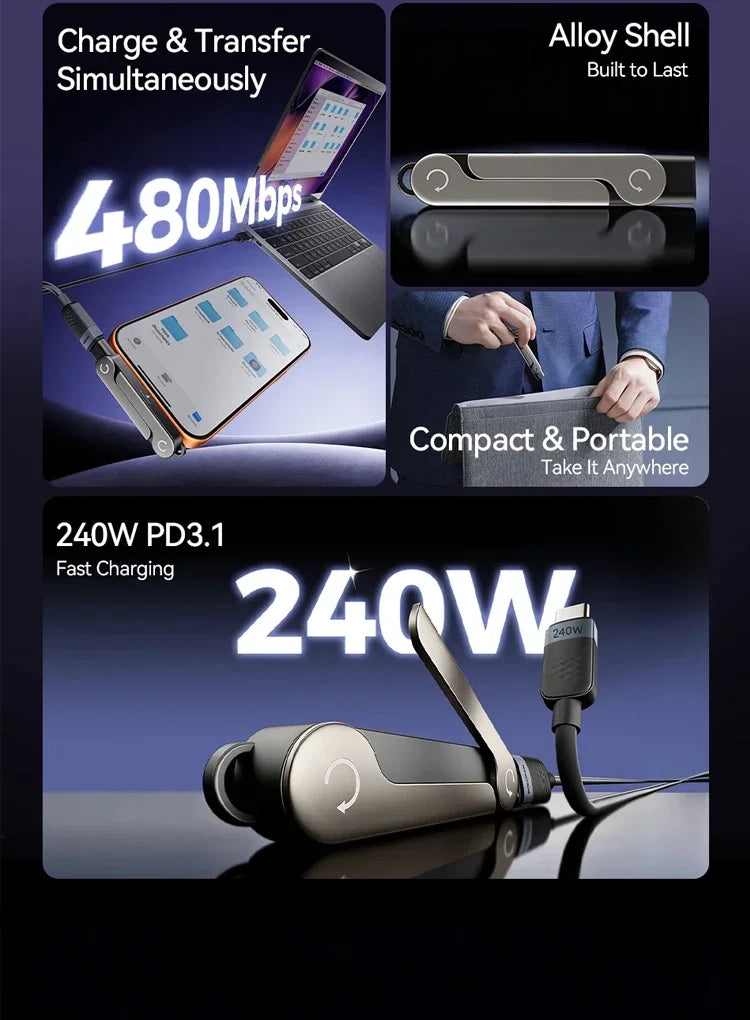 Cable de Carga Plano USB Tipo C con Soporte Plegable Invisible para Teléfono, Cable de Carga Rápida de 240W con Soporte Integrado