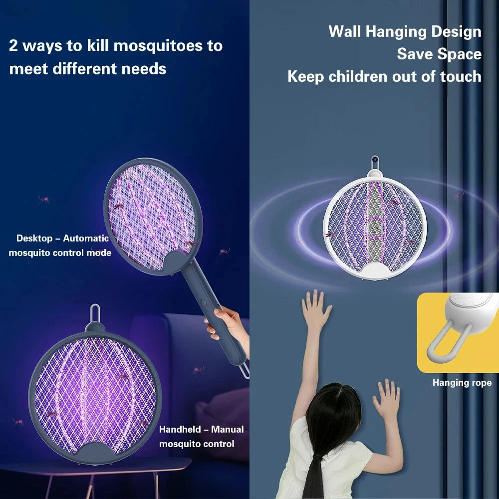 Raqueta Eléctrica Mata Mosquitos 4 en 1 Mejorada, Plegable y Portátil, Recargable por USB, con Trampa de Luz UV para Mosquitos, Moscas e Insectos