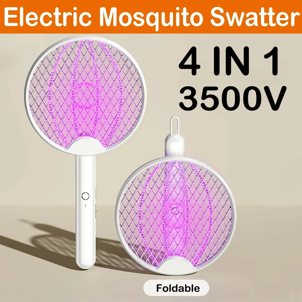 Raqueta Eléctrica Mata Mosquitos 4 en 1 Mejorada, Plegable y Portátil, Recargable por USB, con Trampa de Luz UV para Mosquitos, Moscas e Insectos
