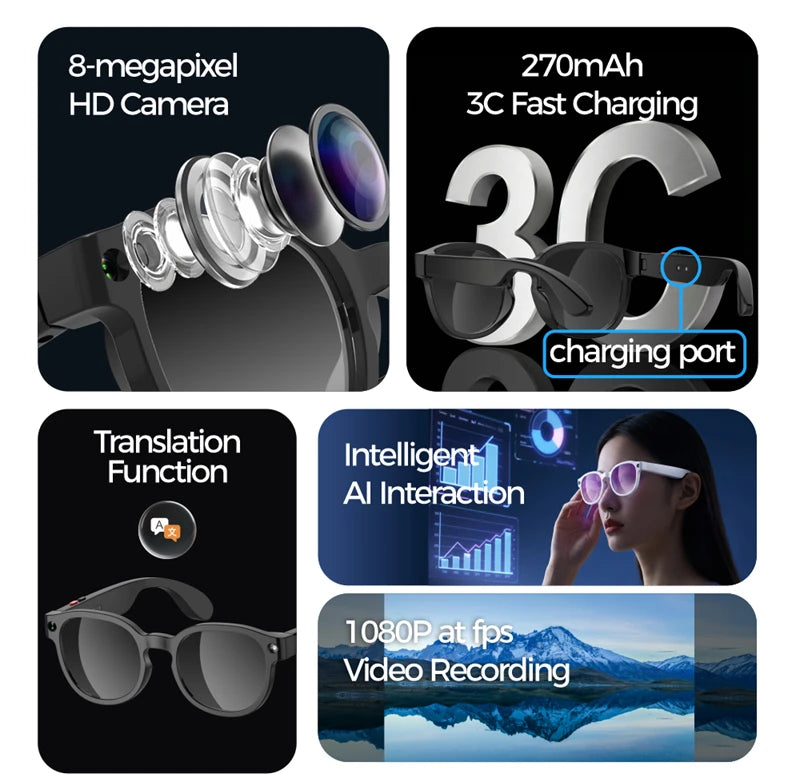 Gafas Inteligentes Lenovo con IA, Traductor Inteligente, Cámara HD de 8 MP, Grabación de Video en 4K, Bluetooth para Llamadas, Grabación de Voz, Reproducción de Música y Gafas de Sol Inteligentes 2026 Nuevas