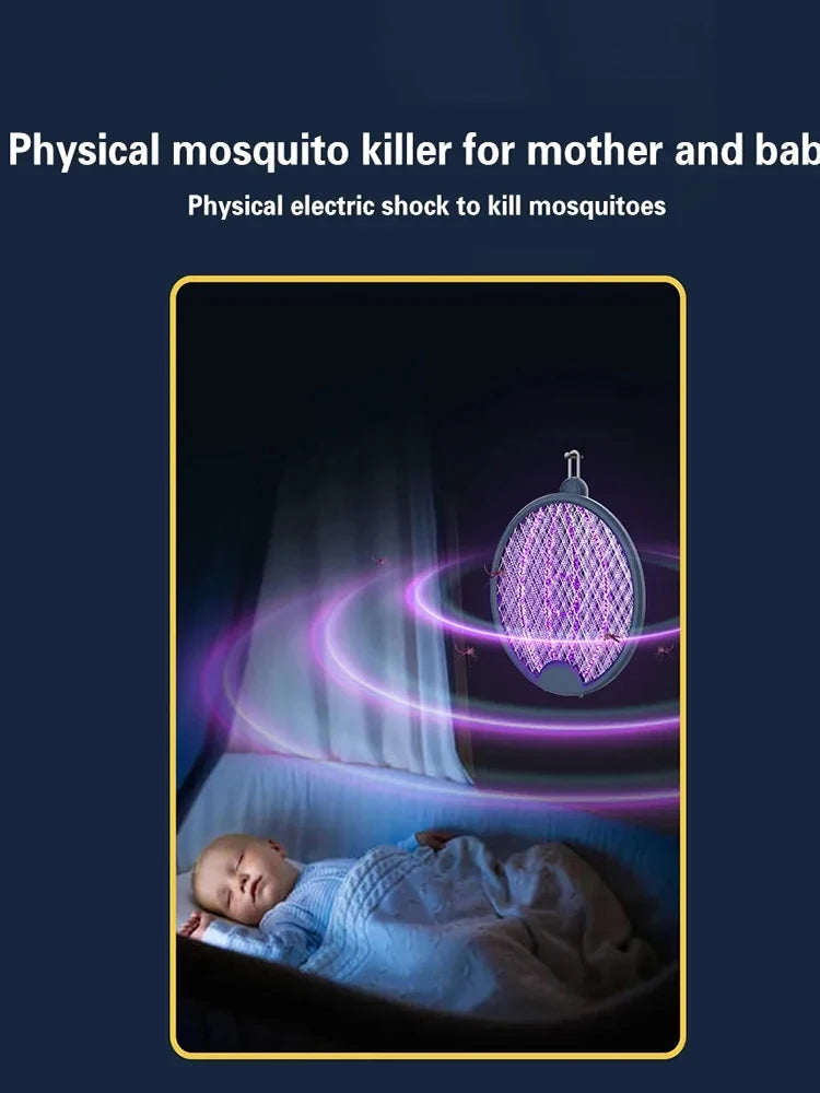 Raqueta Eléctrica Mata Mosquitos 4 en 1 Mejorada, Plegable y Portátil, Recargable por USB, con Trampa de Luz UV para Mosquitos, Moscas e Insectos