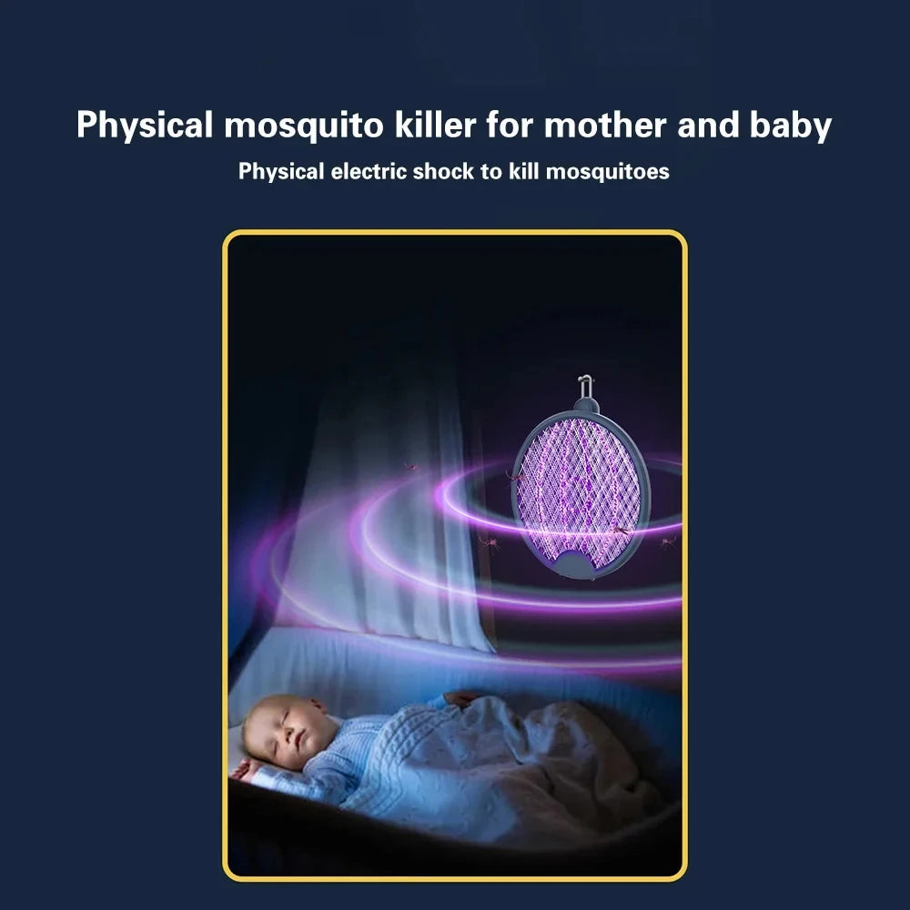 Raqueta Eléctrica Mata Mosquitos 4 en 1 Mejorada, Plegable y Portátil, Recargable por USB, con Trampa de Luz UV para Mosquitos, Moscas e Insectos