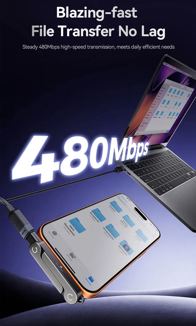 Cable de Carga Plano USB Tipo C con Soporte Plegable Invisible para Teléfono, Cable de Carga Rápida de 240W con Soporte Integrado